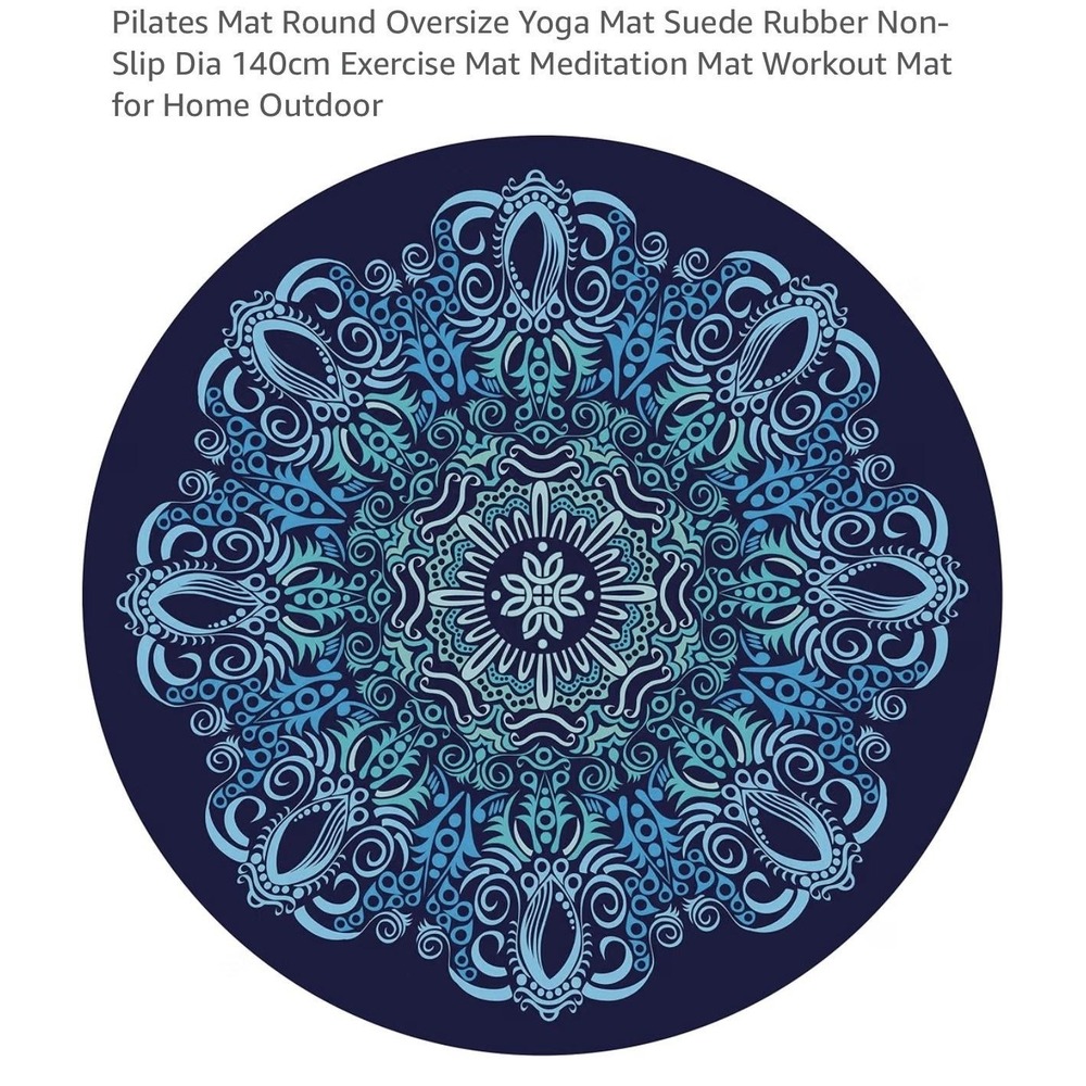 Round Oversize Yoga Mat 55in Blue Mandala Suede Rubber Non-Slip Pilates Zen - Picture 1 of 9